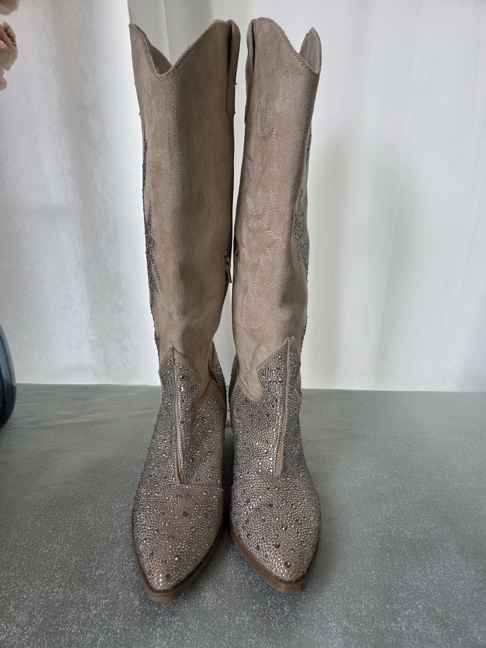 Crystal Embellished Taupe Tan Suede Knee-High Western Cow Girl Boots Madden NYC - Picture 15 of 16